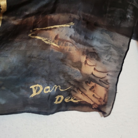 Dan Dee Silk Scarf Hand Painted 9x52 Abstract Swirl Gray Brown Blue Gold - Picture 8 of 11